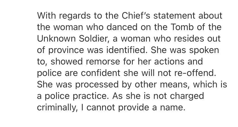 CBCRaffy's tweet photo. @OttawaPolice said the woman who danced on National War Memorial during the #protestconvoy had been identified w/ 'charges pending if not laid' in response to q by CTV colleague @glen_mcgregor this morning at a news conference. They now say that's not quite the case. https://t.co/hm6LcUtenN