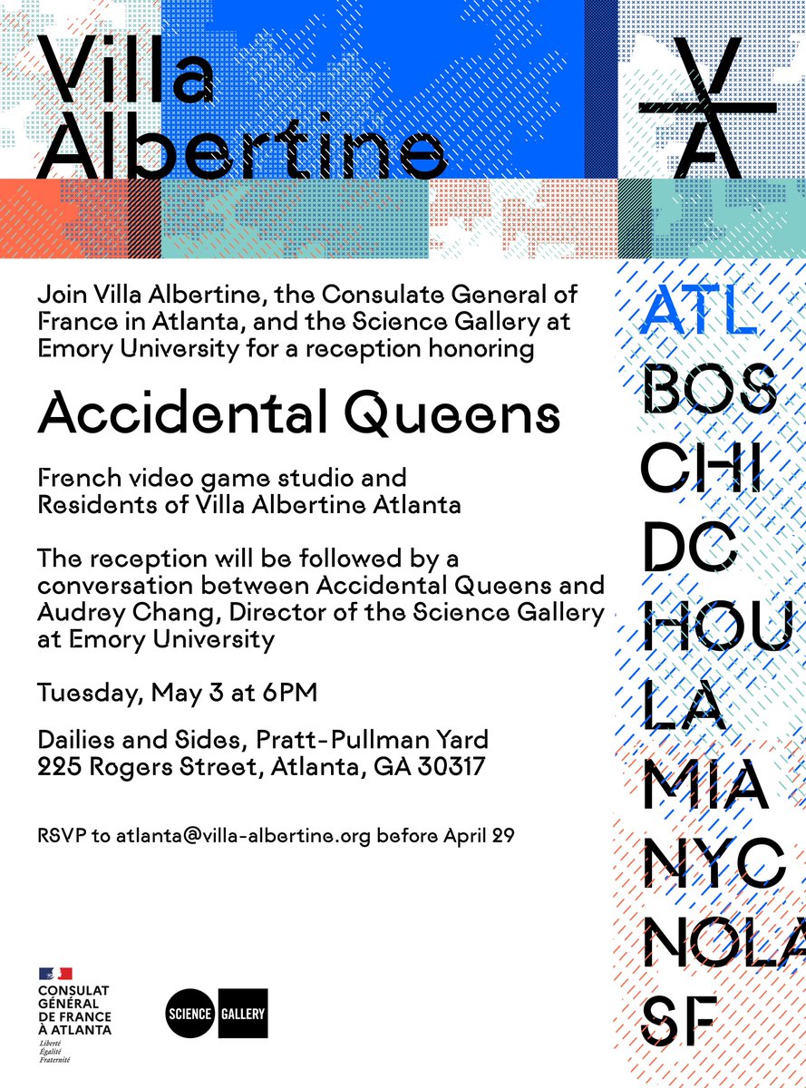 Science Gallery Atlanta (@scigalleryatl) on Twitter photo Join us on May 3rd for a reception for French video game studio Accidental Queens as we celebrate their Atlanta residency with <a href="/villa_albertine/">Villa Albertine</a>. RSVP: atlanta@villa-albertine.org Join us on May 3rd for a reception for French video game studio Accidental Queens as we celebrate their Atlanta residency with <a href="/villa_albertine/">Villa Albertine</a>. RSVP: atlanta@villa-albertine.org