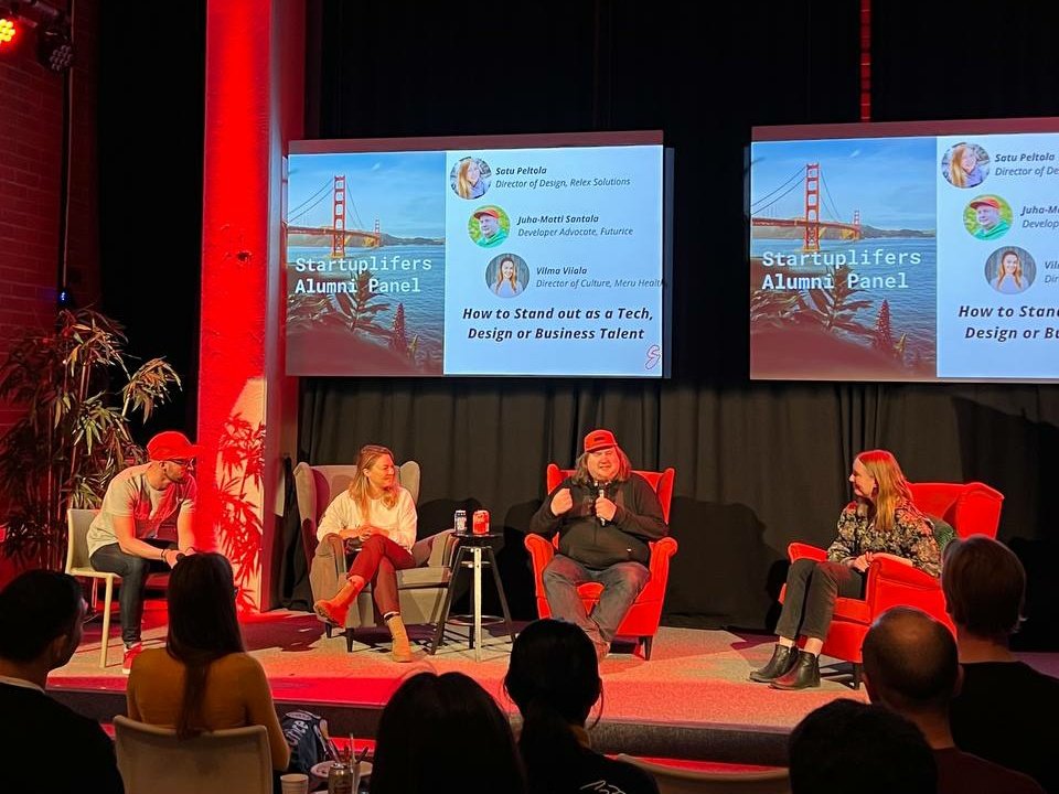 Hamatti's tweet photo. What a wonderful evening we had with @StartuplifersHQ, @satupeltola and @VilmaViia sharing our experiences about our time in San Francisco. https://t.co/wtaub27AEG