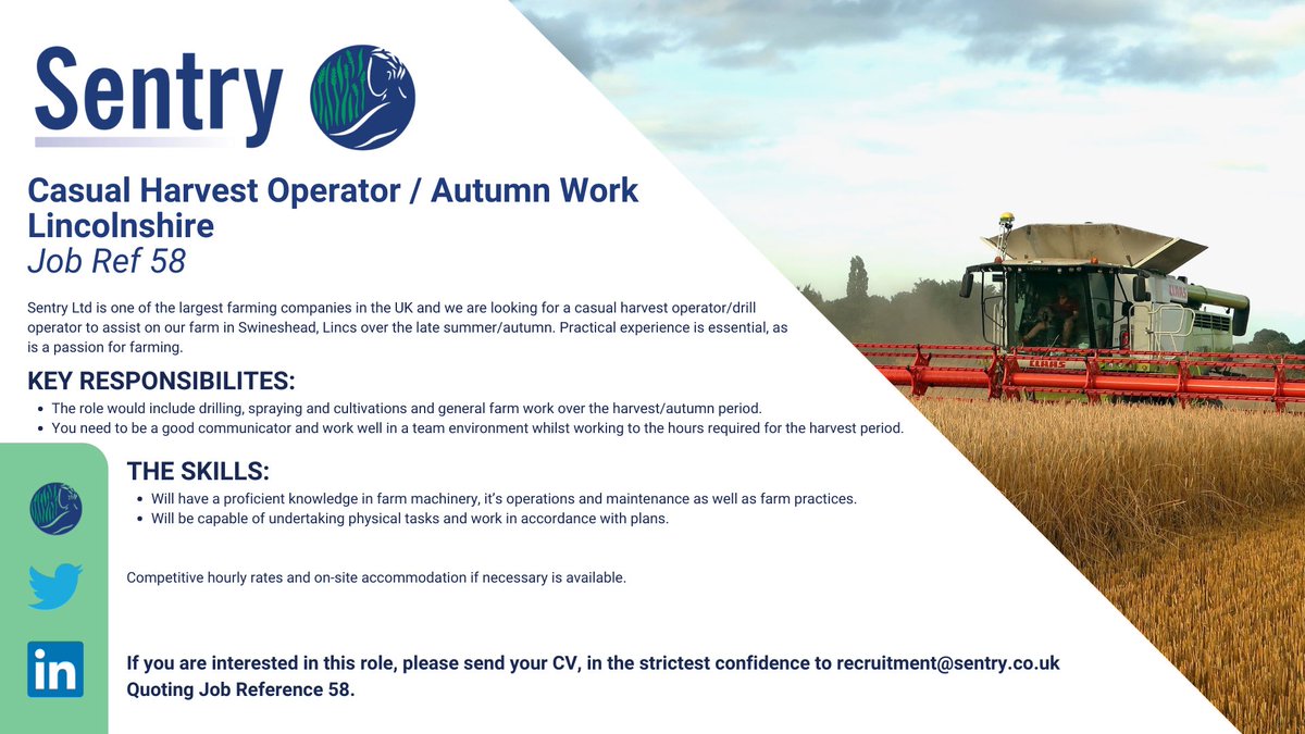 Operator required for Autumn cultivations and drilling near Swineshead, Lincolnshire. 

Opportunity to stay on after for the right candidate.

Please message me for any enquiries or email CVs to ed.dowler@sentry.co.uk

Please share 😁