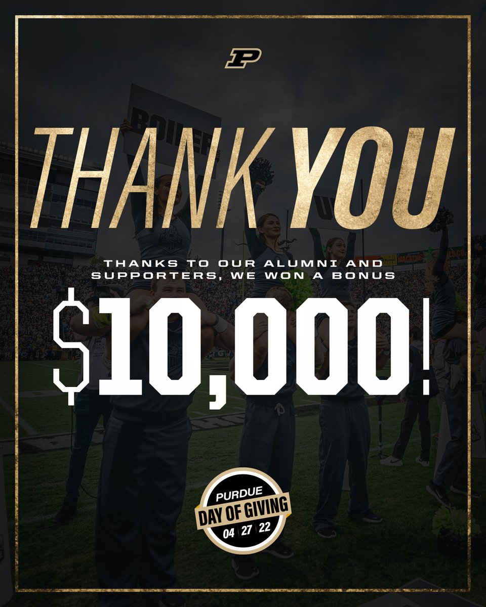 Thanks to our alumni and supporters we won a bonus $10,000 in the <a href="/JohnPurdueClub/">John Purdue Club 🚂</a> Alumni Challenge on #PurdueDayOfGiving!

We have the best alumni and supporters and we can't thank you enough! Boiler Up!