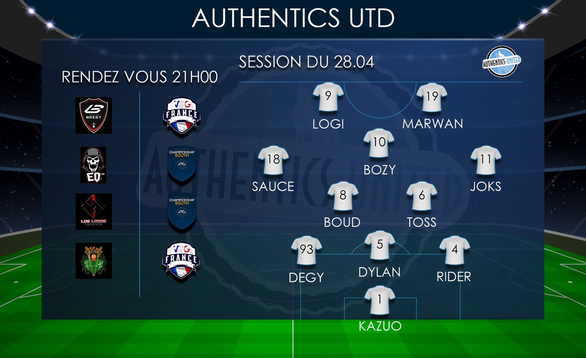 Ce soir nous repartons en compétition avec <a href="/VPGEurope/">Virtual Pro Gaming | Europe</a> et <a href="/VPGFrance_/">VPG France</a>  Ligue 3 . 
Voici la compo , bon match à tous . 
<a href="/Memez94Efoot/">MZ94 Esport</a> @LosLocosEsport @ECBrest_CPFifa <a href="/EqualizersFC/">Equalizers FC</a> et un oublie à 23h00 black shadows