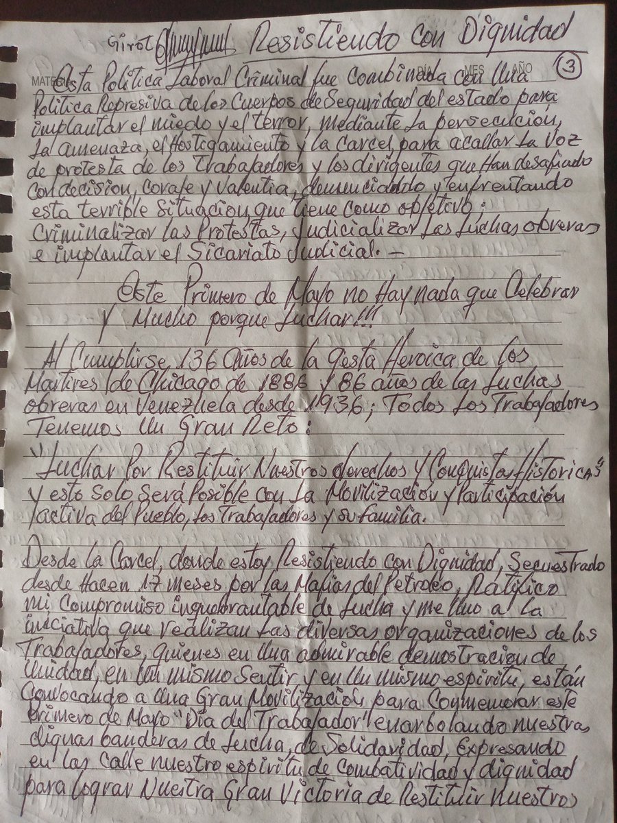 Rosariorios0804's tweet photo. MANIFIESTO DE EUDIS GIROT
Primero de Mayo: "Día del Trabajador"
Nada que celebrar y mucho por qué luchar.
Movilizate por Restituir tus Derechos y Conquistas Históricas.
Únete, Participa y Lucha para Triunfar.
VIVA LA CLASE OBRERA!!! https://t.co/zyMBL4CCns