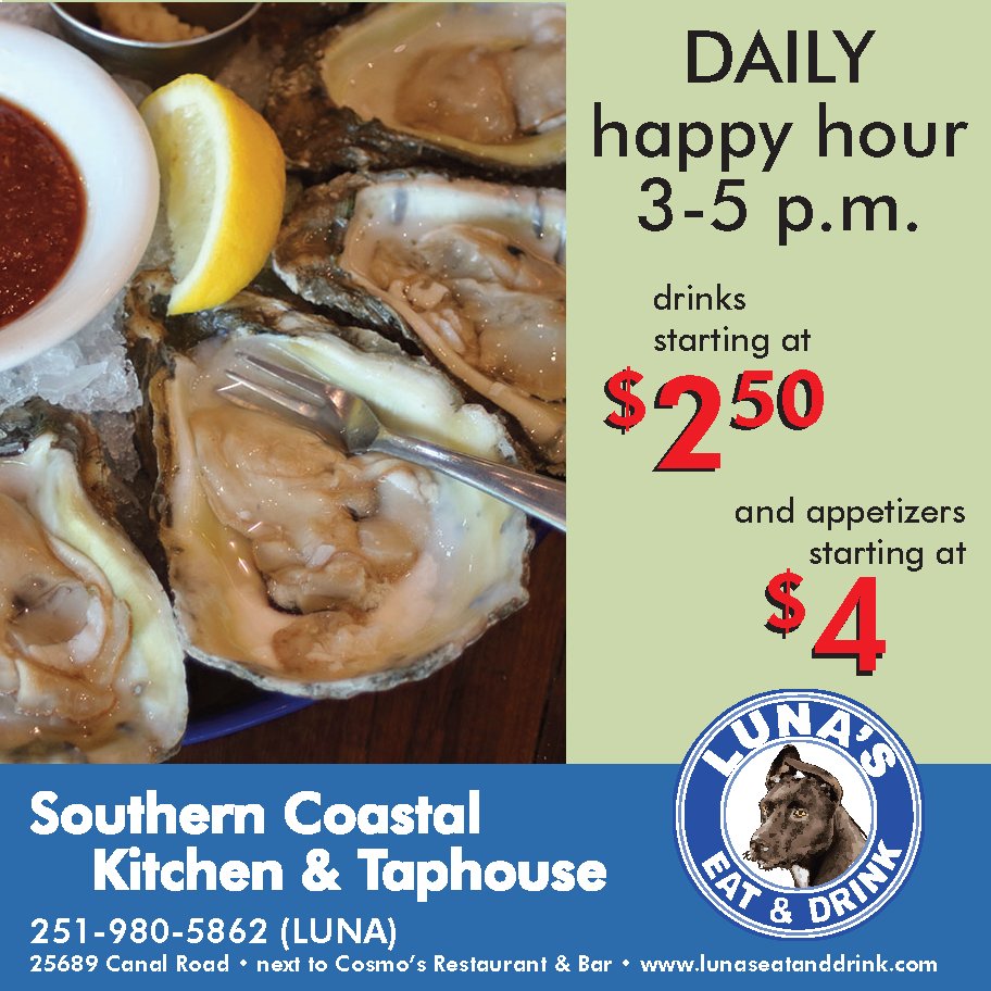 LunasEatDrink's tweet photo. In additional to great appetizers and drink special, our daily #HappyHour (from 3 to 5 pm) also includes raw oysters. Why not stop by? #orangebeachrestaurants #orangebeachdining #beachdining #coastaldining #onthehalfshell https://t.co/qUdg3JZaOY