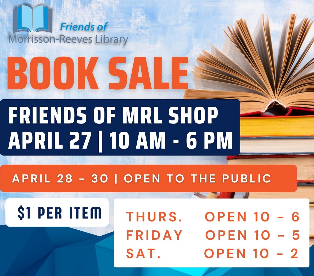 Jenie_MRL's tweet photo. Book Sale at the Library - EVERYTHING is $1.00! 
Hours: Thurs. 10 - 6, Friday 10 - 5, Sat. 10 - 2.  8,000 items for sale! https://t.co/sQLizZA9pv