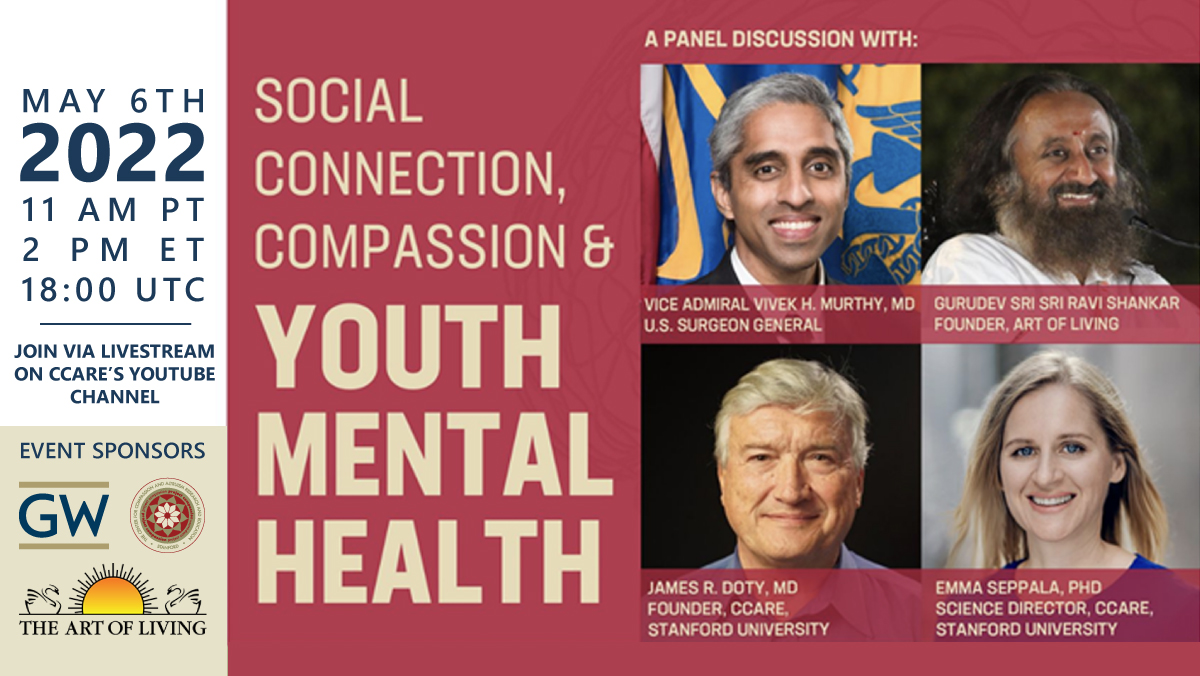 CCARE's tweet photo. Join us May 6 at 11 am PT for an inspiring conversation with US Surgeon General Vivek Murthy, Gurudev Sri Sri Ravi Shankar &amp; Dr James Doty, exploring the future of #mentalhealth, giving young people tips &amp; tools to be happy now &amp; into the future. Watch @ https://t.co/HGFgHcf6UR https://t.co/f1CAdYyJv4
