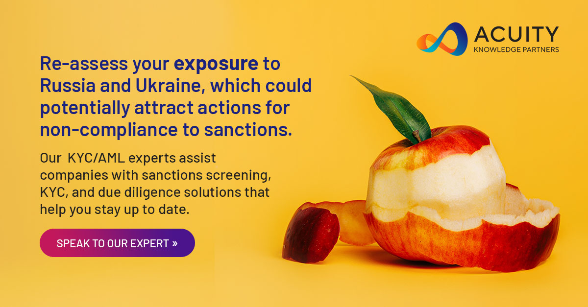 AcuityAnalytic's tweet photo. As the Russia-Ukraine conflict develops, the US and other Western countries have imposed additional sanctions on Russian individuals and entities.
Explore here: https://t.co/hzYY1r9g3H
.
#UkraineRussia #KYC #AML #customer data screening #sanctionscreening #acuityknowledgepartners https://t.co/G8MZDoYxqy