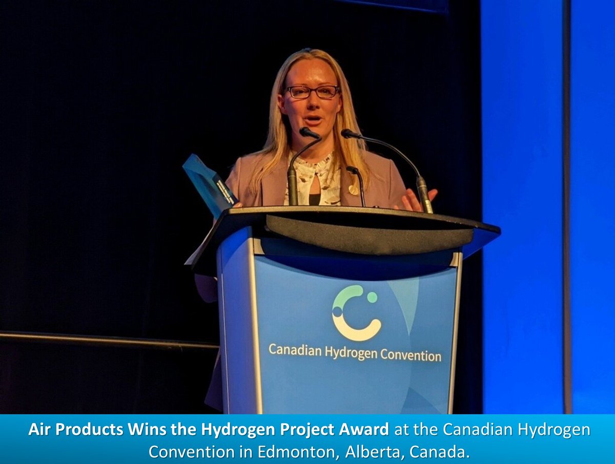 airproducts's tweet photo. Rachel Smith, VP & General Manager, Air Products Canada, accepts the Hydrogen Project award on behalf of Air Products at the Canadian Hydrogen Convention for its planned #NetZeroHydrogen #energy project in Edmonton, Alberta, Canada. https://t.co/dB0RFNfHFa https://t.co/rCbzOPLmp7