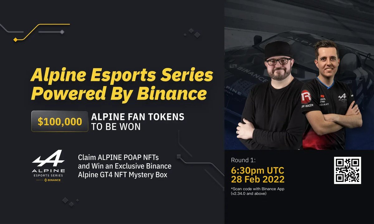 Binance Fan Token (@binancefantoken) on Twitter photo #AlpineEsports Series Powered By @Binance
Watch the top 30 racers compete & win a $100,000 $ALPINE on #BinanceLive
๐๏ธ Today Apr 28, 6:30pm UTC
๐ Claim Exclusive ALPINE POAP NFTs in-stream
Watch now โก๏ธ bit.ly/37Eqxjr
<a href="/BinanceFanToken/">Binance Fan Token</a> <a href="/AlpineF1Team/">BWT Alpine Formula One Team</a> <a href="/AlpineRacing/">Alpine Racing</a> #AlpineEsports Series Powered By @Binance
Watch the top 30 racers compete & win a $100,000 $ALPINE on #BinanceLive
๐๏ธ Today Apr 28, 6:30pm UTC
๐ Claim Exclusive ALPINE POAP NFTs in-stream
Watch now โก๏ธ bit.ly/37Eqxjr
<a href="/BinanceFanToken/">Binance Fan Token</a> <a href="/AlpineF1Team/">BWT Alpine Formula One Team</a> <a href="/AlpineRacing/">Alpine Racing</a>