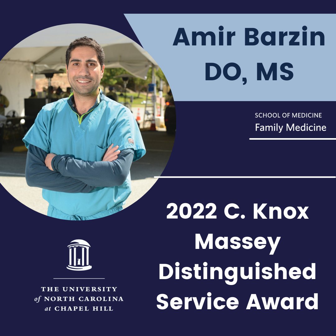 Congrats to Dr. Amir Barzin on receiving the 2022 Massey Award, one of the most prestigious distinctions for <a href="/UNC/">The University of North Carolina at Chapel Hill</a> faculty and staff! Barzin helped launch &amp; led <a href="/UNC_Health_Care/">UNC Health</a>'s Respiratory Diagnostic Center &amp; Carolina Together Testing Program. (contd)