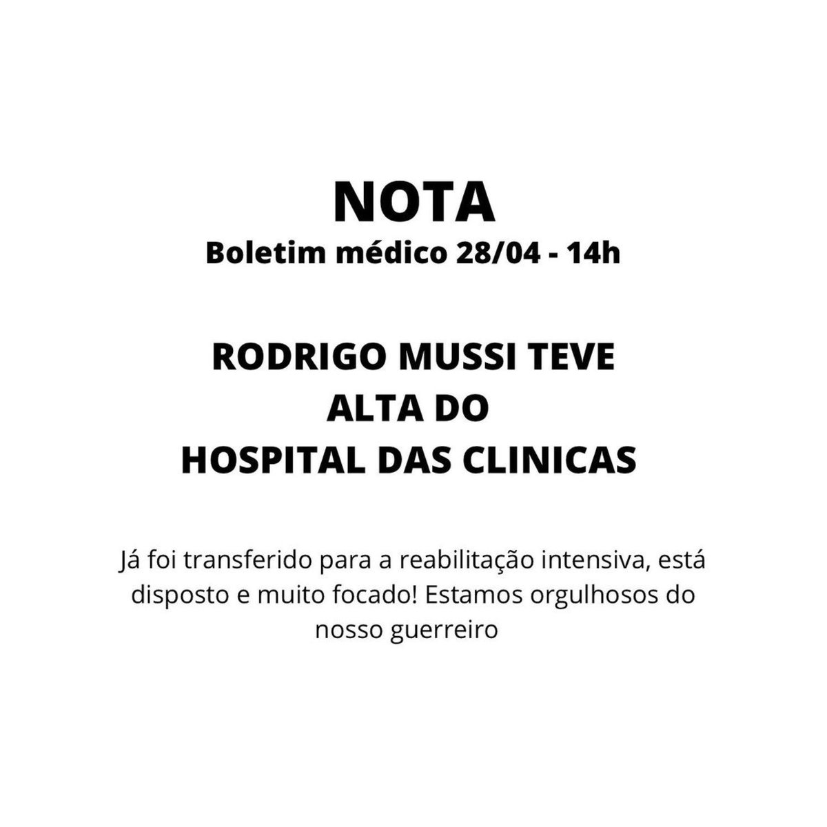 tracklist's tweet photo. Rodrigo Mussi recebeu alta do Hospital das Clínicas e foi transferido para a reabilitação intensiva, segundo nota divulgada nesta quinta-feira (28). 

“Está disposto e muito focado!” https://t.co/5xmLBeAHeE