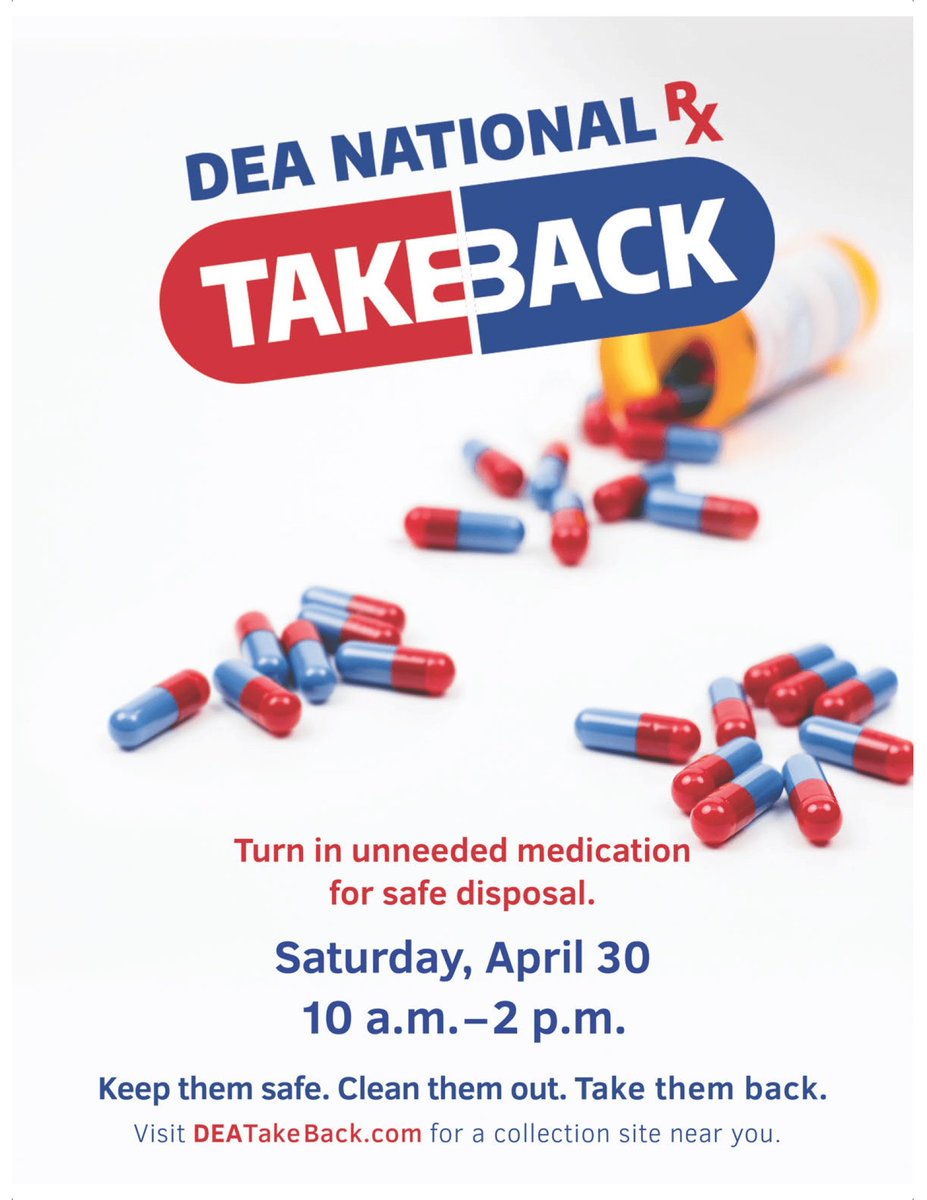 ERutherfordPD's tweet photo. DEA National Take Back Day - help prevent prescription drug addiction by cleaning out your medicine cabinet. Drop off expired or unused medication to the ERPD lobby Saturday 4/30 from 10am-2pm for proper disposal https://t.co/IyCDe8SFnB