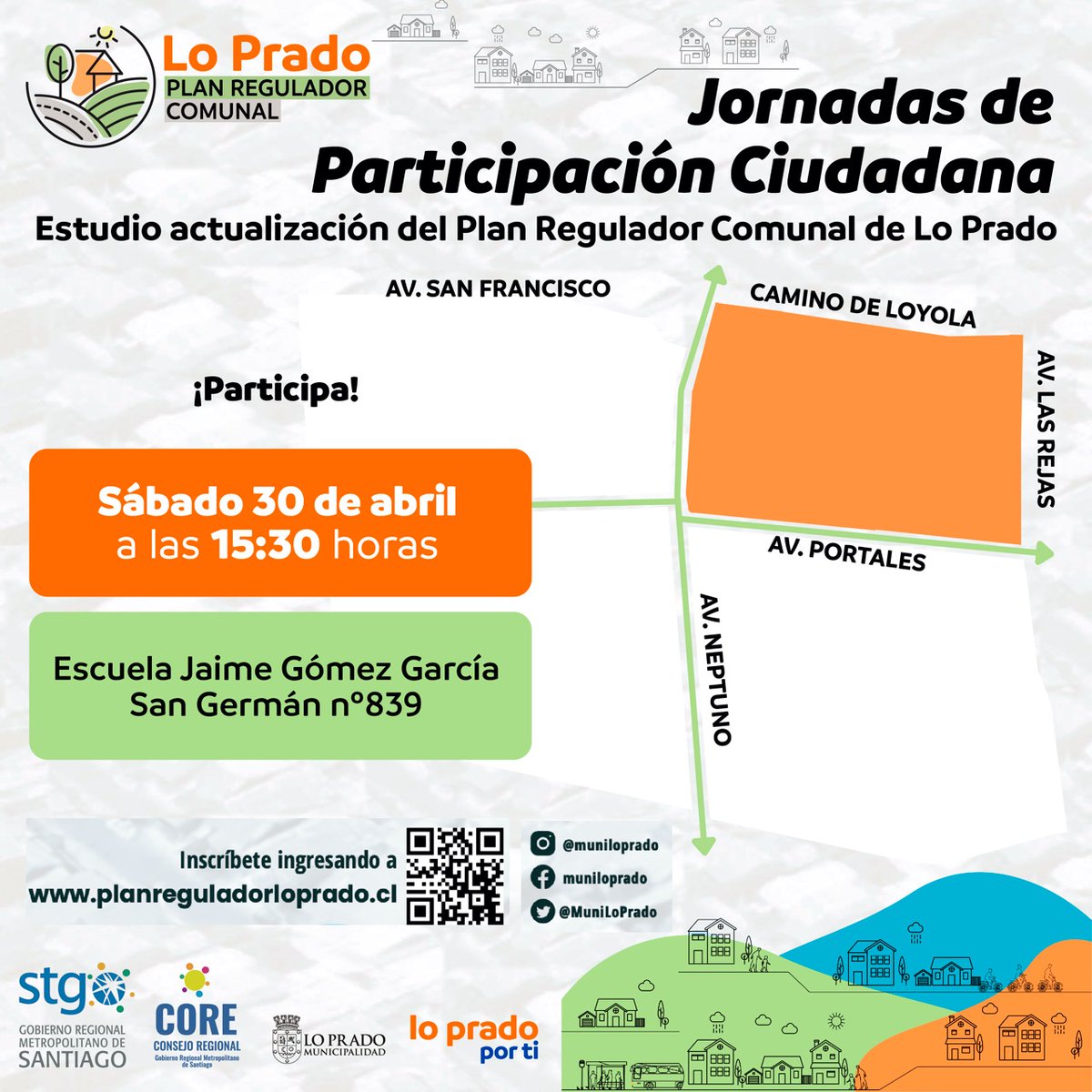 🟠¡Vecin@s!

📌Este sábado tendremos una nueva Jornada de Participación Ciudadana del Plan Regulador. Invitamos a tod@s a asistir a la Escuela Jaime Gómez García (San Germán n°839).📍 ¡Envíaselo a tus vecin@s para que se enteren! 

#LoPradoPorTi