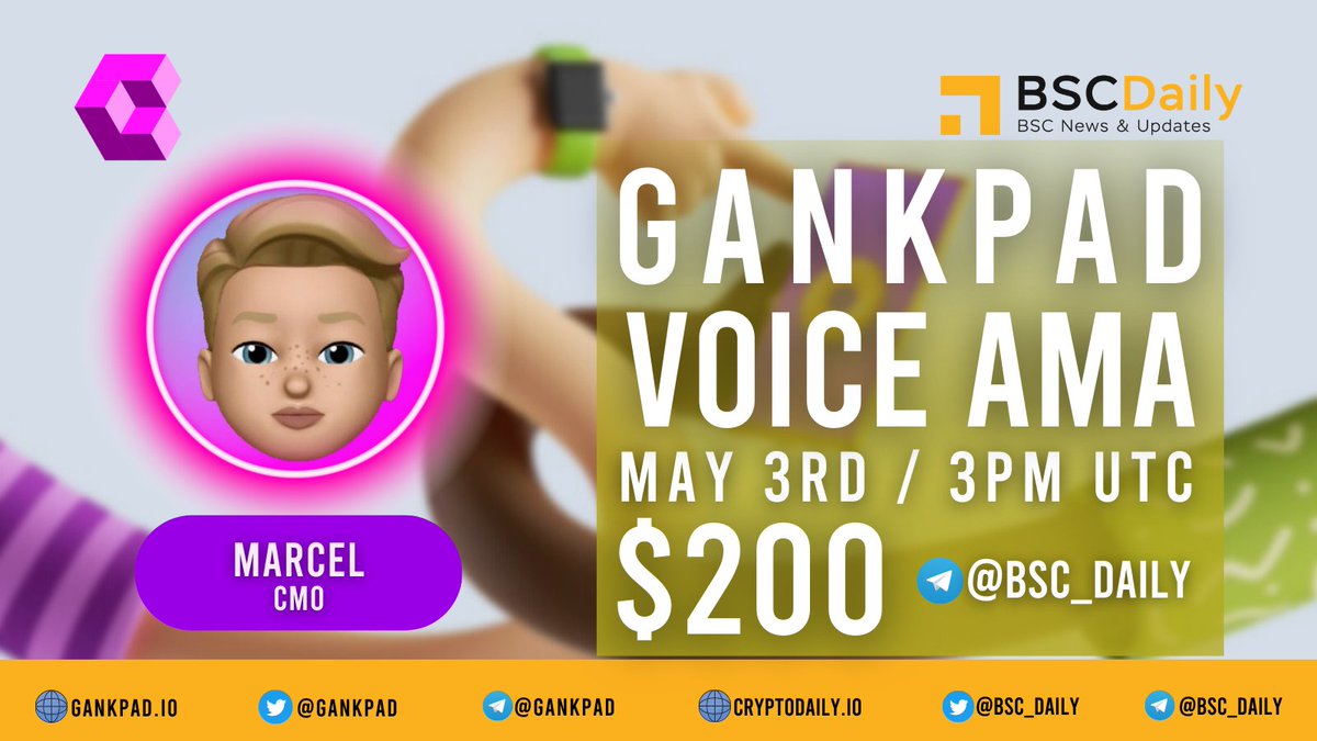 We're excited to announce that we'll be hosting an AMA with <a href="/gankpad/">Gankpad</a>

❓AMA type: Telegram Call

🗓️ Date: May 3rd at 3PM UTC

📍 Venue: t.me/bsc_daily

💰Prize Pool: $200

The top questions will be selected in the AMA. Prepare your questions everyone 🎉