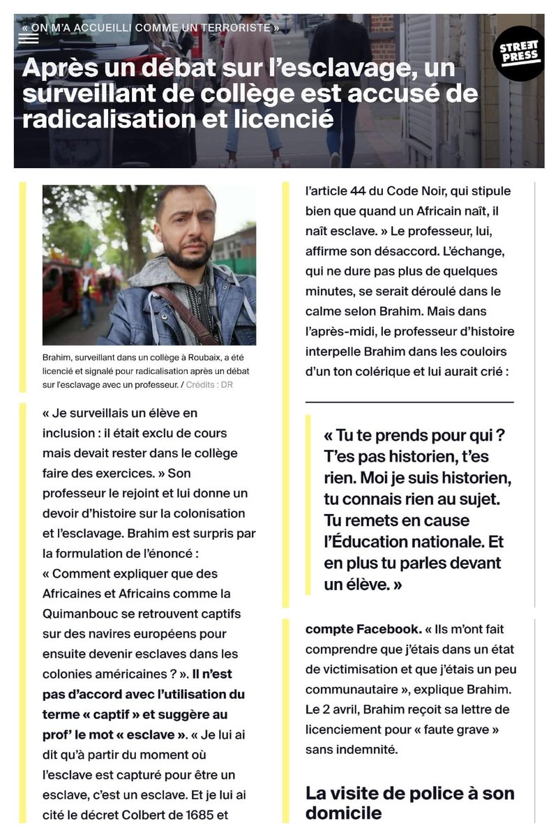 bembelly's tweet photo. Qui se souvient de ce brave #Brahim, surveillant, accusé de #radicalisation parce qu’il avait dit vrai⁉️
♟ «Ah non cher #Prof! Les noirs pendant la traite négrière c’était pas des #Captifs mais bien des #Esclaves Cf #CodeNoir»
Lire chez @StreetPress ⤵️ https://t.co/bxJLQYjvl6 https://t.co/npH6U8w3Aj