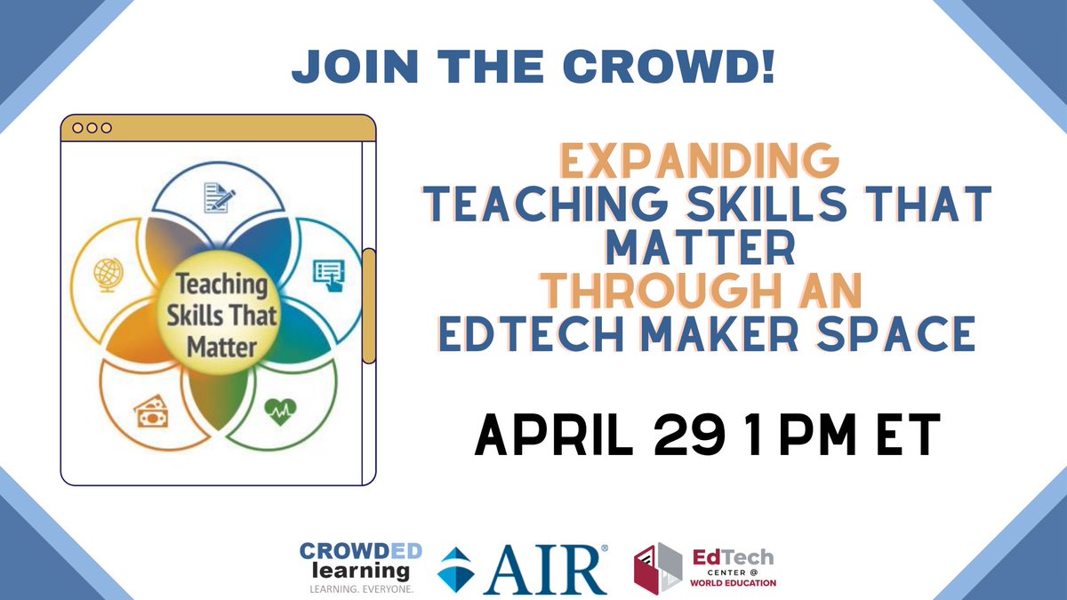 There's something for everyone this Friday at 1pm ET. Register🔗bit.ly/TSTMETMS1 to join <a href="/AIRInforms/">American Institutes for Research</a> and @Crowd_EdUS as they share info about the upcoming series of #edtech Maker Space projects that will combine service + learning + #research.
#OER #adultedu #education