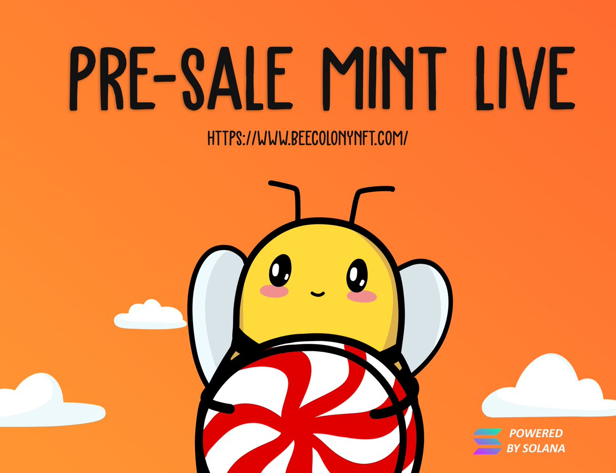🚨Bee Colony pre-sale mint is now LIVE🚨beecolonynft.com
🐝Show off your cute bees in discord🚀discord.gg/chk8XE4Wnm 

Still need a whitelist spot? DM us or join our discord and we will let you in on a little secret 👀

#NFTs #SolanaNFTs #NFTCommunity #NFTart