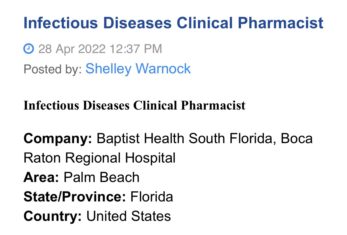 👀 Looking for an ID PharmD job? Know someone who is??

sidp.org/Jobs/12759164

🏥 Boca Raton Regional Hospital in Boca Raton, Florida and part of <a href="/BaptistHealthSF/">Baptist Health</a> is hiring!!!

#IDtwitter #TwitteRx