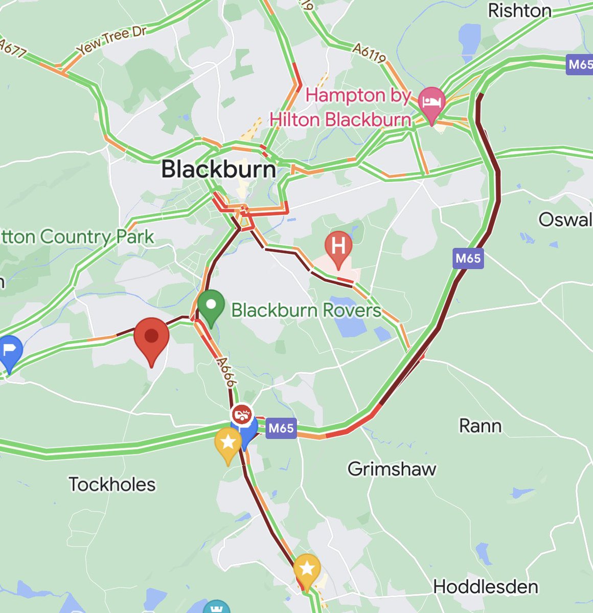 Travel: Long delays on the M65 westbound junction 5 to 4 due to an accident. A666 also very busy from Blackburn to Ewood due to an large scale event at Ewood Park and Darwen to M65. Delays of 30+ minutes
