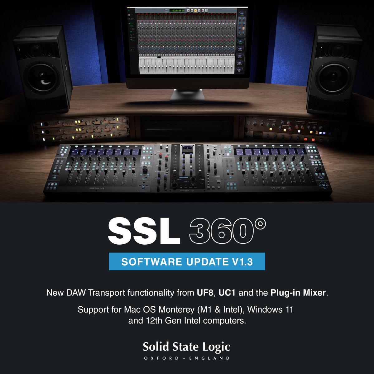 solidstatelogic's tweet photo. Introducing SSL 360° V1.3 update:

SSL 360° V1.3 adds new DAW Transport functionality to UF8, UC1 and the Plug-in Mixer, as well as bringing support for Mac OS Monterey (M1 &amp; Intel), Windows 11 and 12th Gen Intel computers and so much more. 

More info: https://t.co/6e6NgCHUOg https://t.co/LvhnNcspHm
