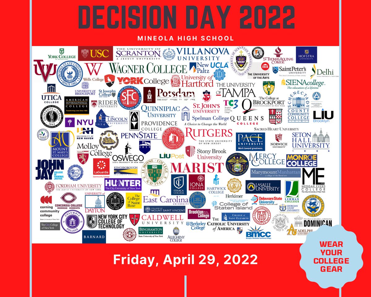 Hey @MineolaHS2022 
Tomorrow is Decision Day! Don’t forget to wear your college gear! Step and Repeat and props will be available in the lobby all day for pictures! 📸 #mineolaproud