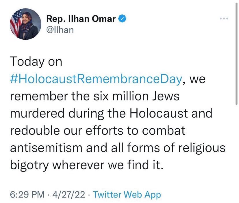 StopAntisemites's tweet photo. One of the largest propagators of hatred against Jews - Ilhan Omar - has the audacity to tweet about remembering the Holocaust. https://t.co/0nL0He7Jjp