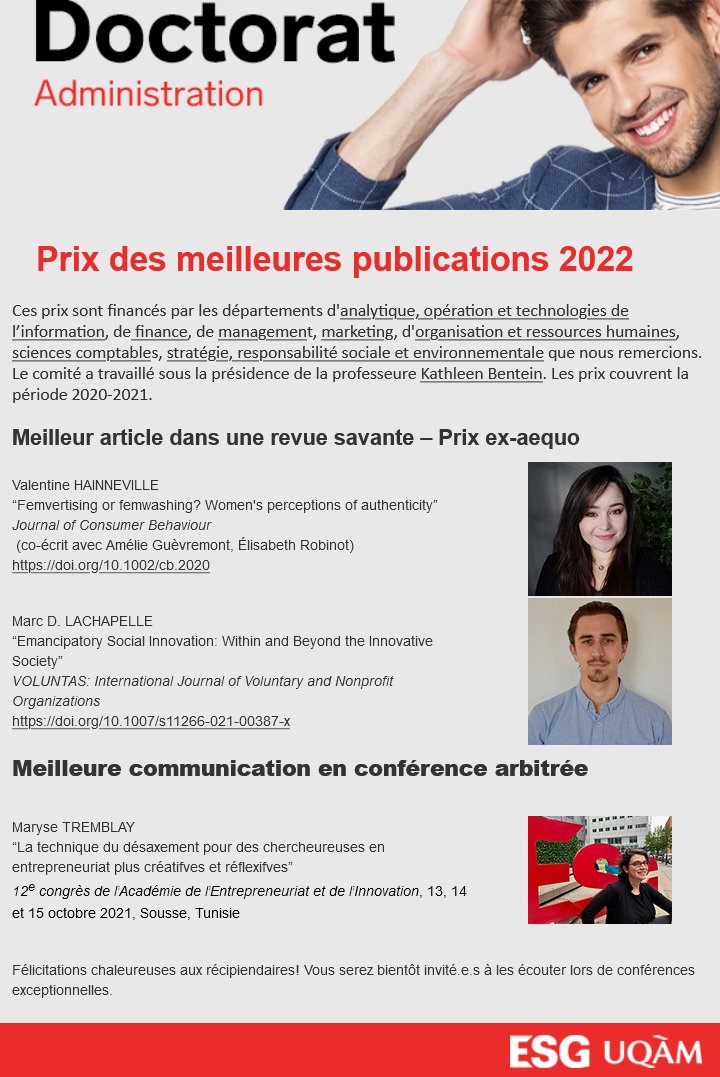 Germainoli's tweet photo. Femvertising or Femwashing ?... Emancipatory Social Innovation et Désaxement en recherche ... 
Heureux d'annoncer les récipiendaires des prix 2022 des meilleures publications des doctorant.e.s en administration @esg_uqam

https://t.co/G5sLvYUZ9S

Félicitations aux trois ! https://t.co/GICV4n0Qh6