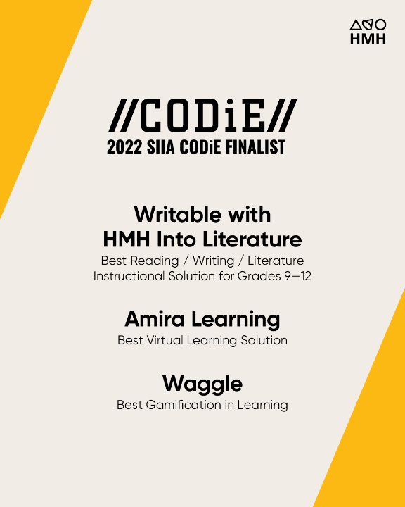 CymVan's tweet photo. Three HMH connected solutions—#Writable with HMH #IntoLiterature, #Amira, and #Waggle—have been named as finalists in the 2022 SIIA @CODiEAwards. 👏 

Learn more: https://t.co/QTFbS67U2V

#HMHProud #EdTech https://t.co/o9PfEnvZVJ