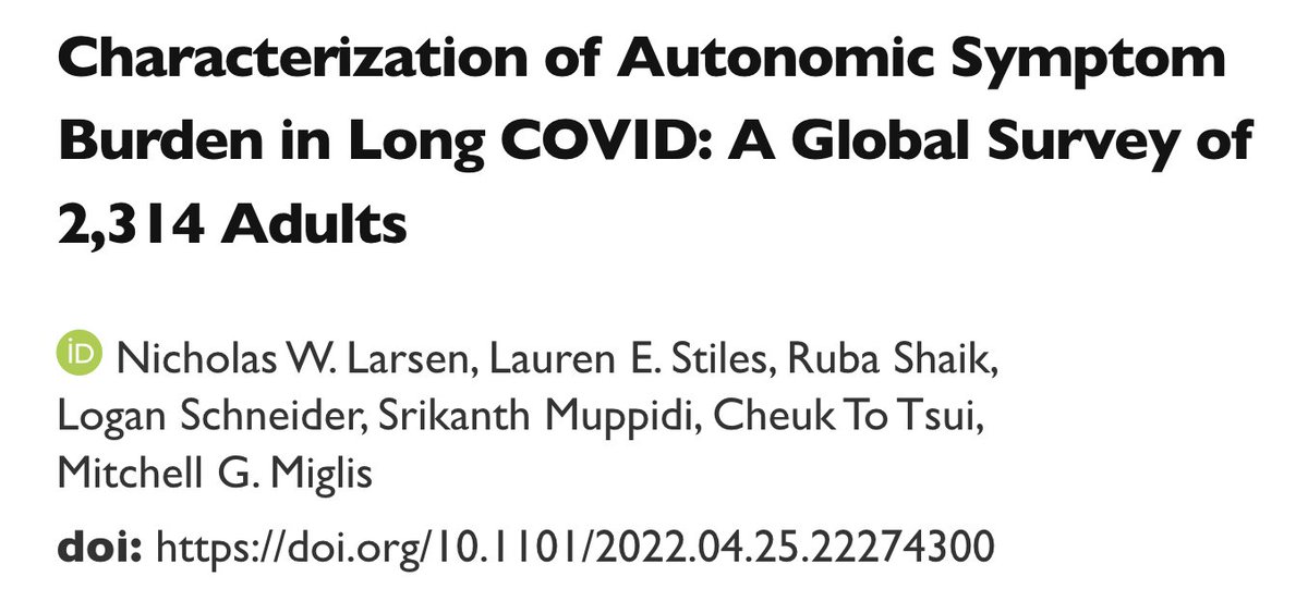 Dysautonomia Intl. (@dysautonomia) on Twitter photo New <a href="/Stanford_Neuro/">Stanford Neurology & Neurological Sciences</a> & <a href="/StonyBrookMed/">Stony Brook Medicine</a> study finds 67% of #LongCOVID patients have moderate to severe #dysautonomia. That's an estimated 38M Americans. Press release: dysautonomiainternational.org/pdf/LongCOVID_…
Study link: medrxiv.org/content/10.110…
Please consider donating to longcovidresearchfund.org. New <a href="/Stanford_Neuro/">Stanford Neurology & Neurological Sciences</a> & <a href="/StonyBrookMed/">Stony Brook Medicine</a> study finds 67% of #LongCOVID patients have moderate to severe #dysautonomia. That's an estimated 38M Americans. Press release: dysautonomiainternational.org/pdf/LongCOVID_…
Study link: medrxiv.org/content/10.110…
Please consider donating to longcovidresearchfund.org.