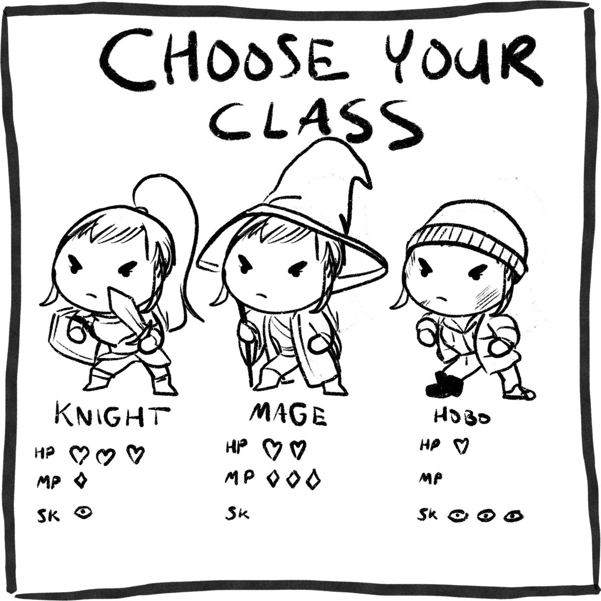 Chose your class: 
Knight (3 health, 1 magic, 1 sneak)
Mage (2 health, 3 magic, 0 sneak)
Hobo (1 health, 0 magic, 3 sneak)

Vote below ⬇️ https://t.co/h3FPup9arn 
