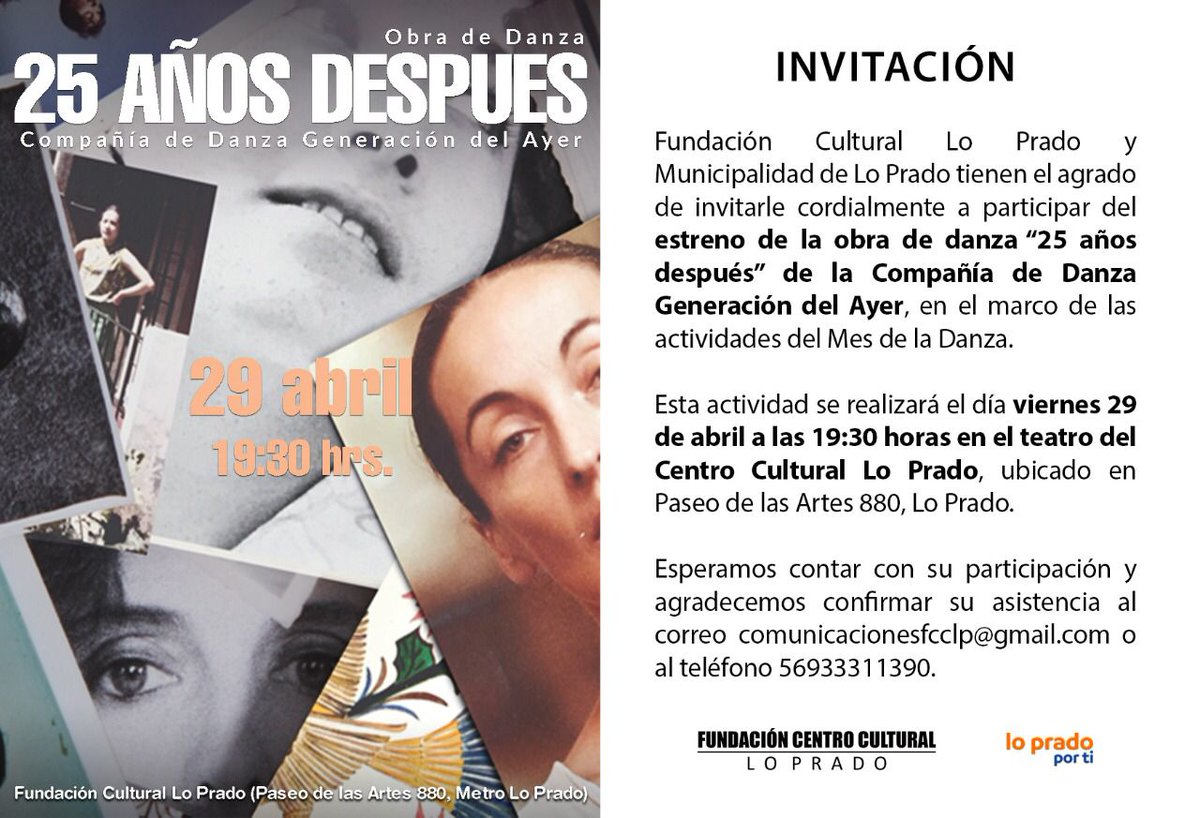 Te invitamos a celebrar el Día Internacional De La Danza con la obra "25 años después". Mañana a las 19:30 horas en el teatro de la Fundación Centro Cultural.

Puedes retirar tu invitación en Paseo de las Artes 880 o inscribirte aquí: forms.gle/wsy6ys58ZLko8f…

#LoPradoPorTi