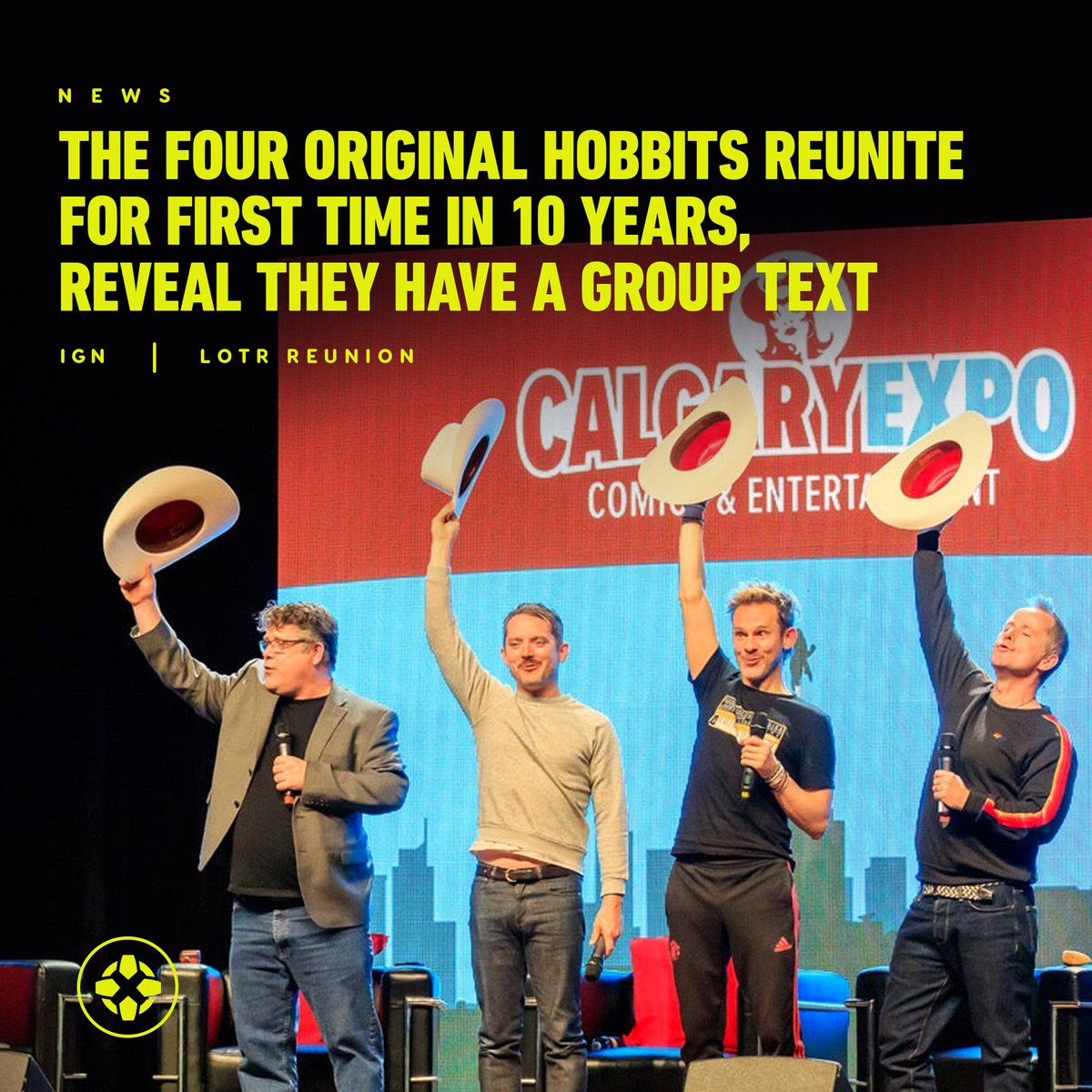 IGN's tweet photo. Elijah Wood, Sean Astin, Dominic Monaghan, and Billy Boyd reunited for the first time in over a decade where they shared insights on the LOTR films and gave fans a peek into their playful group chat. https://t.co/Wk3cRCh1gk https://t.co/awZJE8ruZE