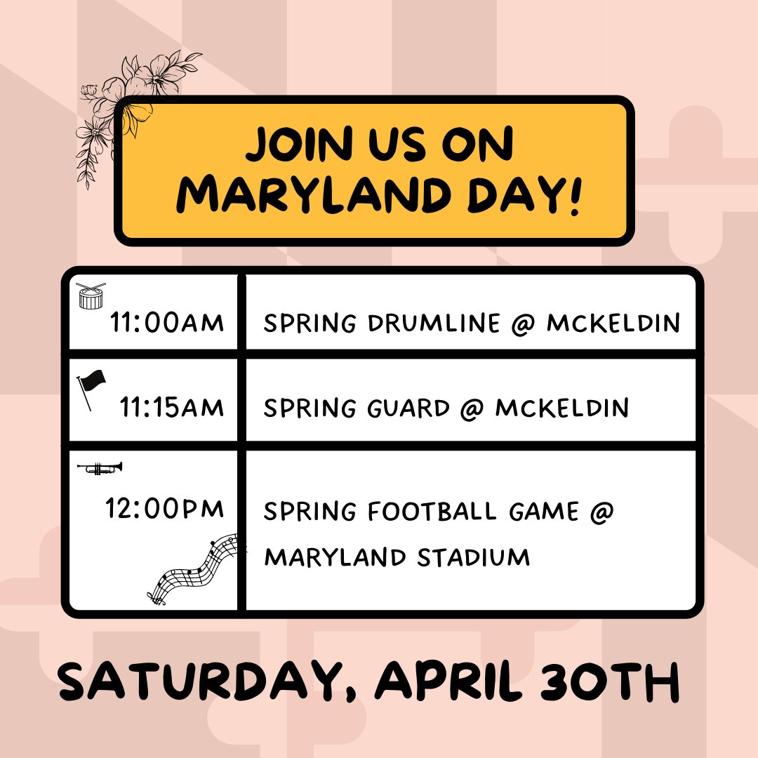 Join our athletic bands this Maryland Day for some cool performances! The Spring Drumline and Spring Guard will be performing at the McKeldin Sundial and the Pep Band (along with some special guests!) will be performing at the Red and White game. Be sure to stop by 😊 🐢 🎵