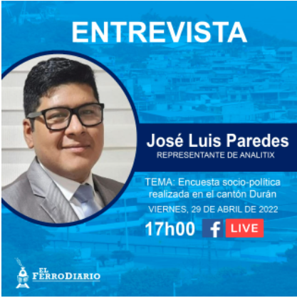 analitixec's tweet photo. Mañana presentaremos nuestro estudio social y político realizado los días 23 y 24 de abril en el Cantón #Duran a 9 meses de las #Elecciones2023Ec.

Gracias @elferrodiario_ y @charlyacastillo por la gentil invitación! https://t.co/qgEitSyp2P