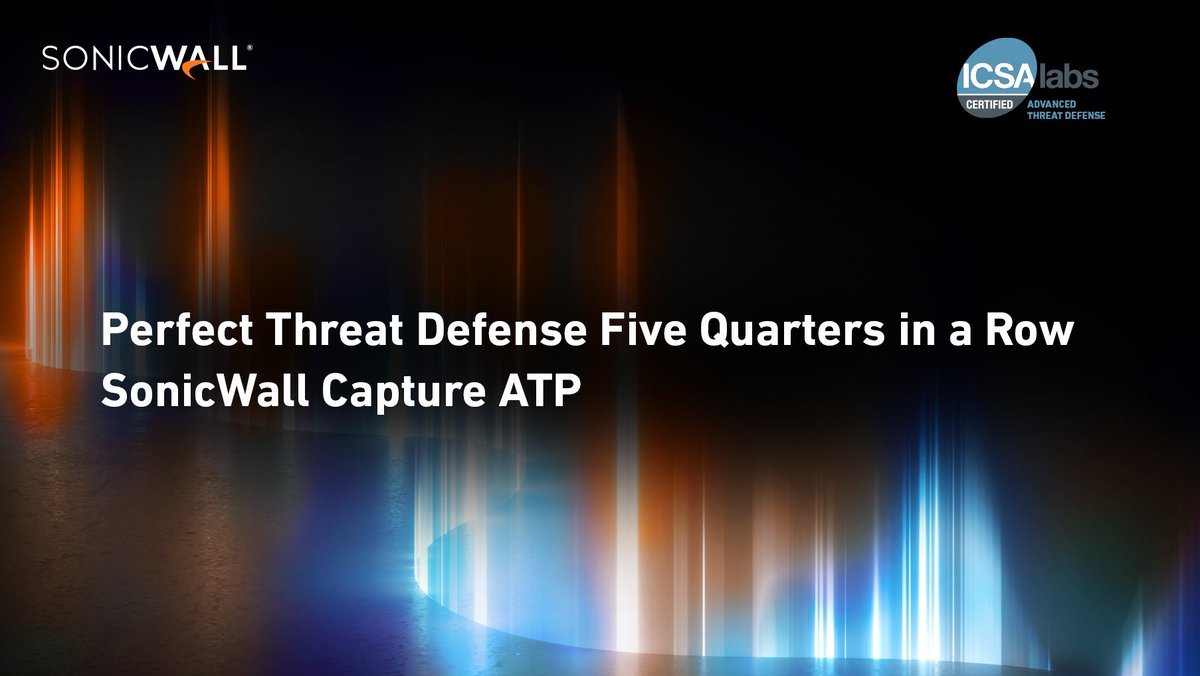 SonicWall's tweet photo. The results are in! After 160 days of testing, 6,719 total runs and five straight @ICSALabs Advanced Threat Defense tests, SonicWall Capture ATP achieves a #perfect score five quarters in a row and offers the best #cybersecurity efficacy in the industry. https://t.co/i8YqTHLi3h https://t.co/58fRgG7WNr
