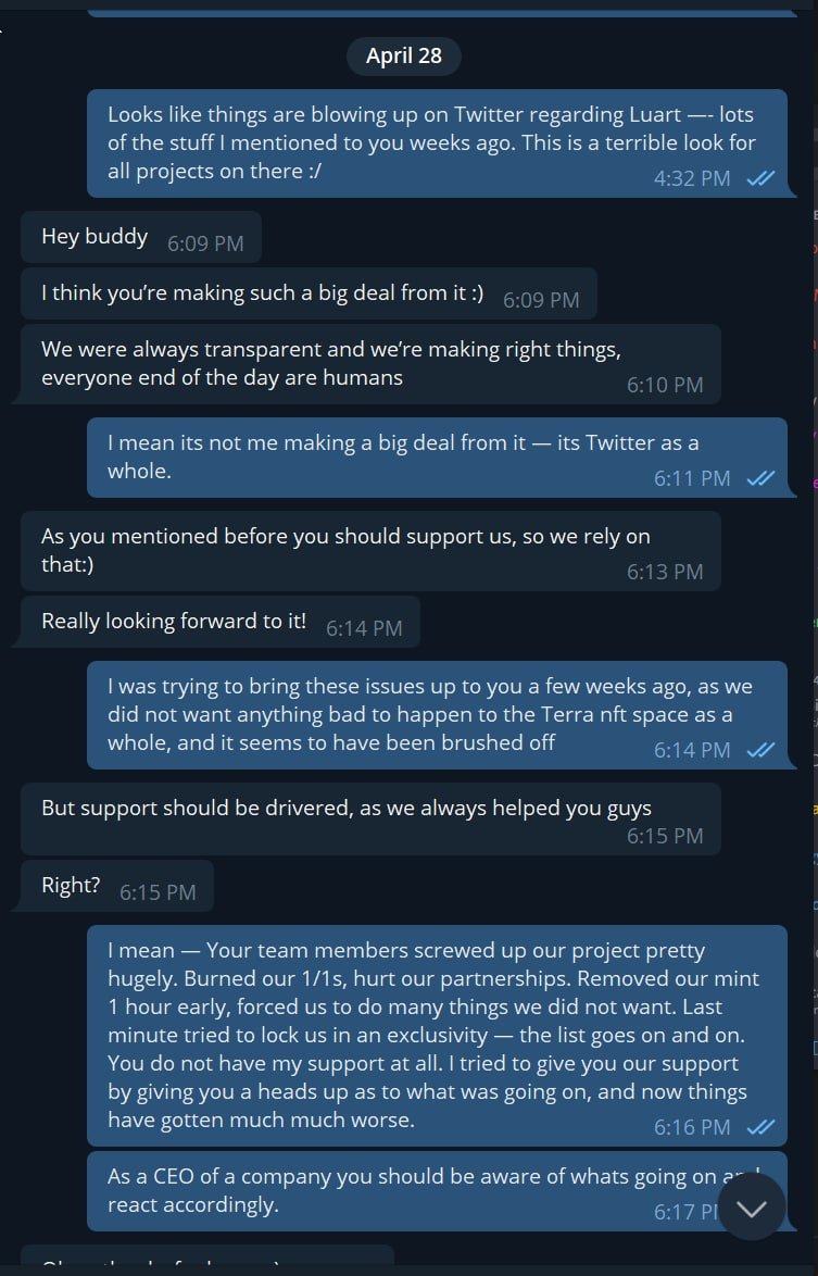 Deploydon's tweet image. Shoutout to @imprzybylski the CEO of @luart_io who basically sounds like a bot who does not care about a thing. 

I warned him weeks ago about what's been going on under his nose and it was brushed off.

Here is my interaction with him today.