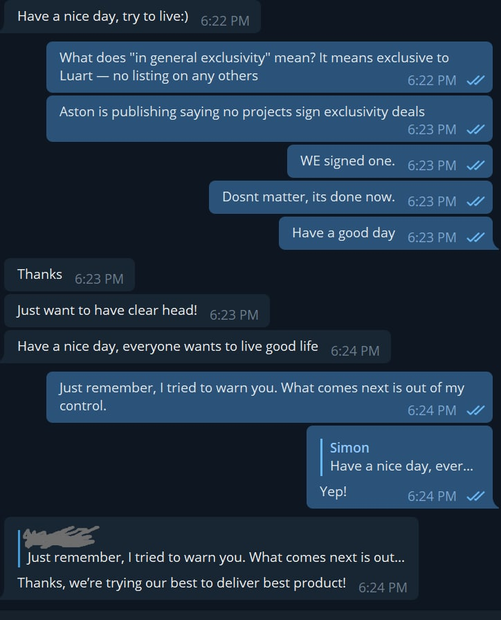 Deploydon's tweet image. Shoutout to @imprzybylski the CEO of @luart_io who basically sounds like a bot who does not care about a thing. 

I warned him weeks ago about what's been going on under his nose and it was brushed off.

Here is my interaction with him today.