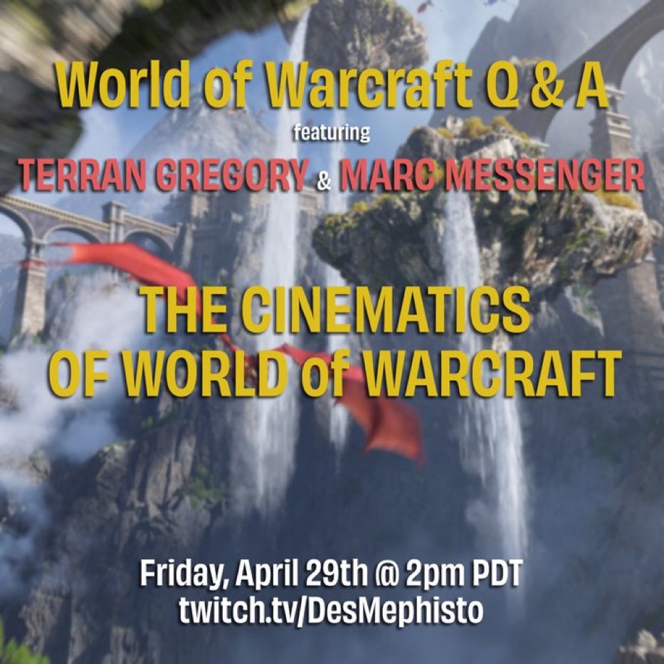 Tomorrow at 2pm PDT myself and Marc Messenger will be talking all about World of Warcraft cinematics with <a href="/DesMephisto/">DesMephisto 💙 (World of Warriors)</a> on twitch! Hope to see you there!