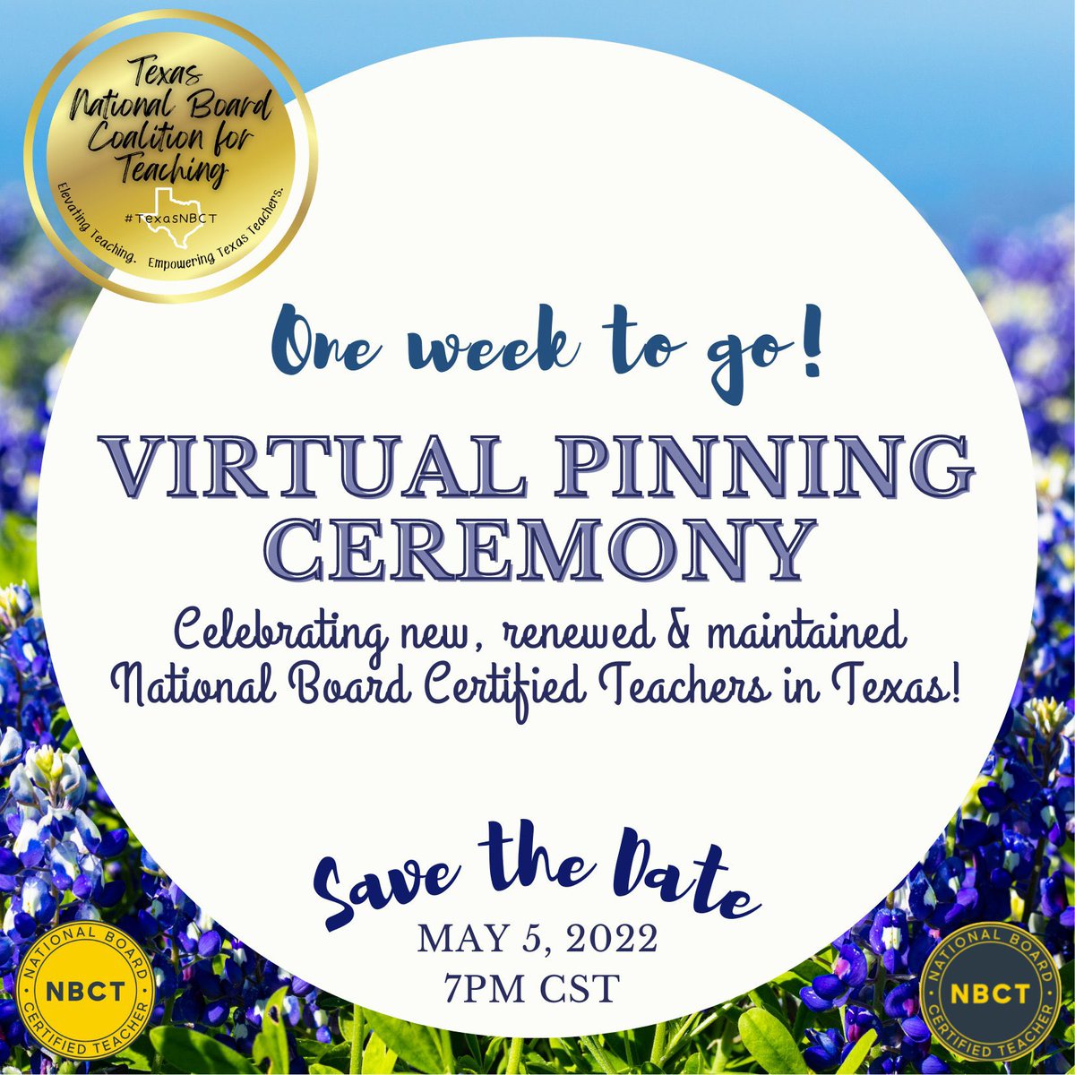 MrsMata_NBCT's tweet image. One more week until we recognize the hard work and dedication of 9 new NBCT’s and 26 Renewal NBCTs in our great state of Texas! Join us for our Virtual Pinning Ceremony! #TXNBCTstrong  @TexasNBCT @NBPTS #AccomplishedTeaching