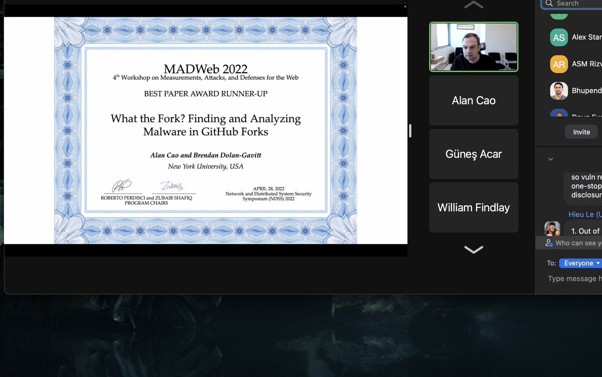 Screenshot of Zoom showing the best paper award runner-up for "What the Fork? Finding and Analyzing Malware in GitHub Forks" at MADWeb
