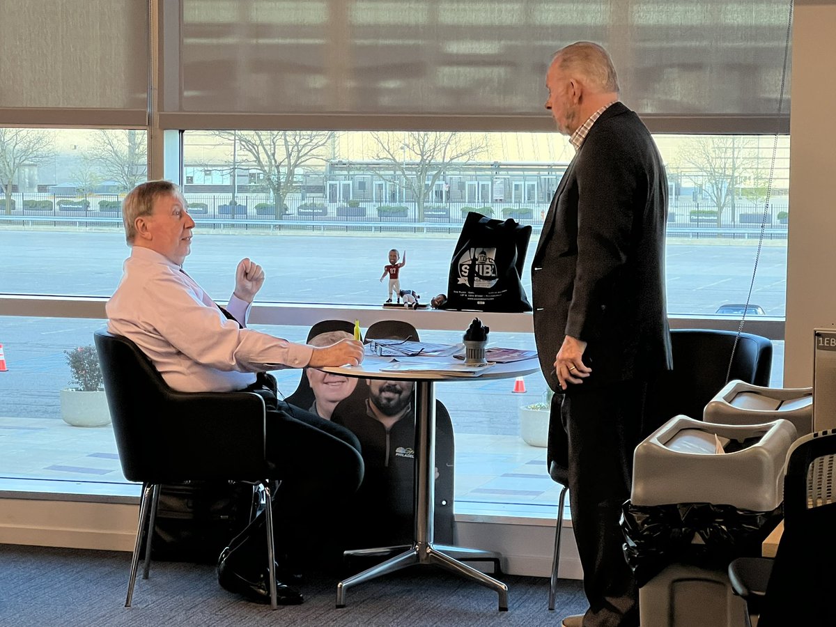 amyfadoolNBCS's tweet photo. NFL Draft tonight. Sixers Game 6. That means this awesome scene is happening:
#SoMuchKnowledge #TwoGreatHumans https://t.co/HS3ZF9tAiE