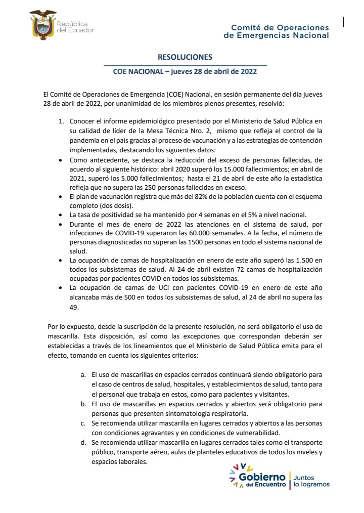 pixel_onlines's tweet photo. 📝RESOLUCIÓN DEL #COENACIONAL📝

Jueves 28 de abril de 2022

1️⃣ SIN MASCARILLAS EN ESPACIOS ABIERTOS 😃

2️⃣ Seguirá siendo obligatorio en espacios cerrados 😷

3️⃣ Obligatorio en personas con sintomatología respiratoria 🤧

4️⃣ Se recomienda su uso en: 🚕🚐✈🏫 https://t.co/TMMacOVGyt
