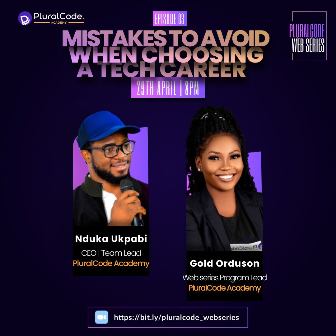 pluralcode's tweet image. This Saturday, Gold orduson would be playing host to our CEO and Team Lead, Nduka Ukpabi to discuss ‘Mistakes to Avoid when Choosing a Tech CareerJoin us. Click here to register bit.ly/pluralcode_web…
#webseries #technology #pluralcodeacademy #Dubai