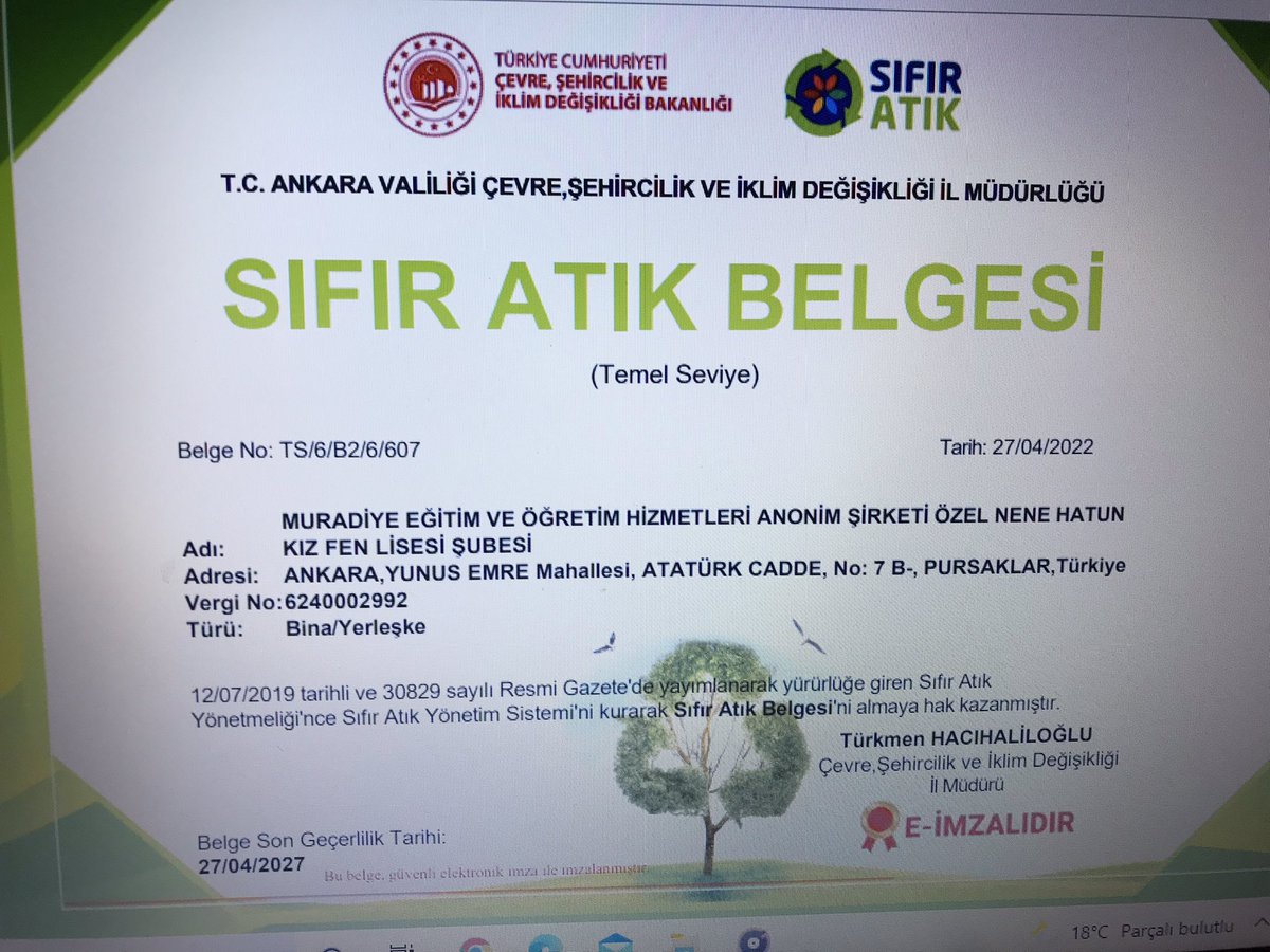 Pursaklardeste1's tweet photo. Özel Nene Hatun Kız Fen Lisesi Temel Seviye Sıfır Atık Belgesi almaya hak  kazanmıştır.Çalışmalarından dolayı emeği geçen idarecilerimizi tebrik ediyoruz.👏👏👏 @mebailesi2023 @PursaklarMem @mustafakilicgil @battalakman @Erol7506 https://t.co/zsxMyQqLR9