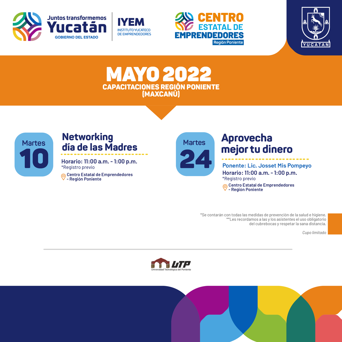 iyemyucatan's tweet photo. Este es el calendario de capacitaciones del mes de #Mayo donde habrá #actividades enfocadas para el crecimiento y fortalecimiento de tu #negocio.

Conoce AQUÍ todos los detalles. https://t.co/DkokSyjgjw