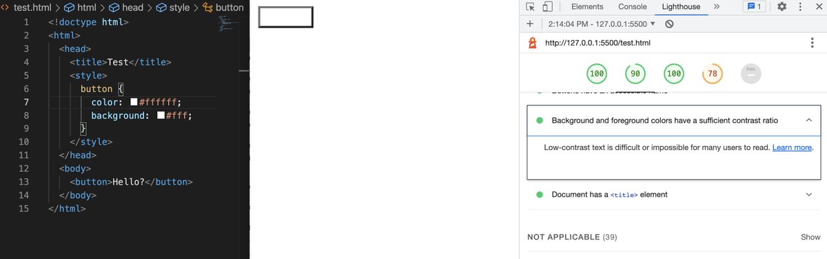 alvaro_montoro's tweet photo. Is this a known issue on Lighthouse?
This will throw a contrast error:
color: #fdfdfd;
background: #ffffff;
But if you make the colors even lighter (and with less contrast):
color: #ffffff;
background: #ffffff;
Boom! The same color and background are Ok. The error is gone! https://t.co/nzjq4iIn2W