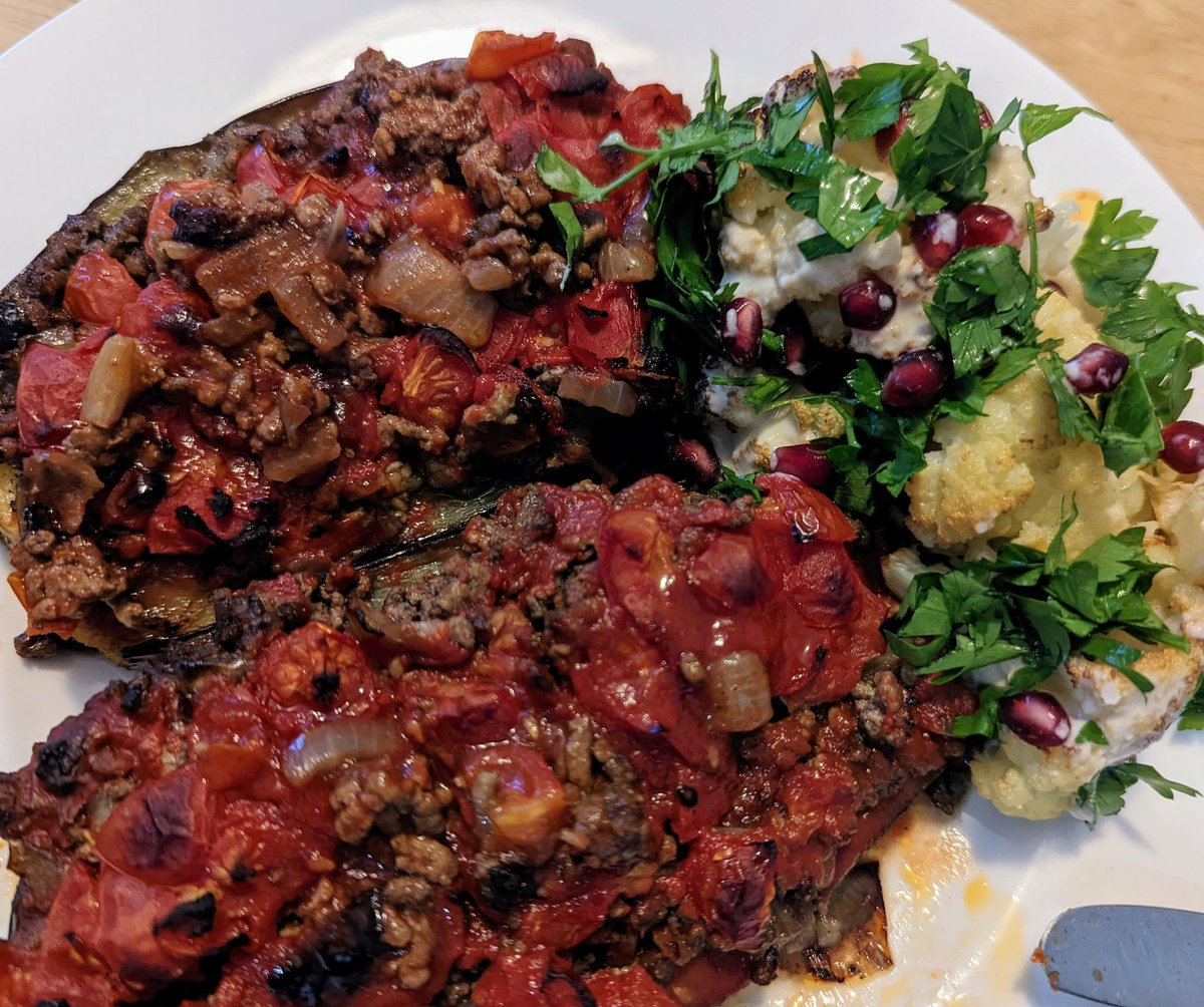 theOfficeRabbit's tweet photo. Tonight Mr OR has conjured up stuffed aubergines and roasted cauliflower with tahini. ❤️❤️❤️ #bonebuilding #nutrition #bonehealth https://t.co/EvYdOnGzGU