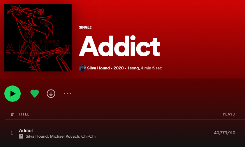 Addict has crossed over 40 MILLLION PLAYS on <a href="/Spotify/">Spotify</a>!!! This is absolutely insane, thank you so much! I can't wait to show you all what else I've got in store! 🕸️💣❤️ #HazbinHotel