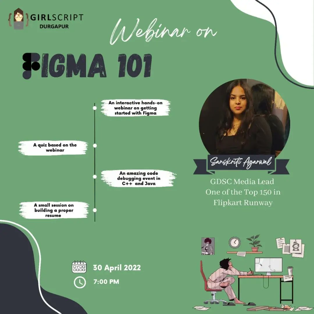 GirlScriptDurg1's tweet photo. GirlScript Durgapur is excited to celebrate our 2 day event with Sanskriti Agarwal, guest speaker on 30th April. 
Time:  7pm onwards
This Webinar comes with-
•A Hands-on session on getting started with Figma 101
• A Quiz based on the Webinar https://t.co/CwzhcsV7EZ