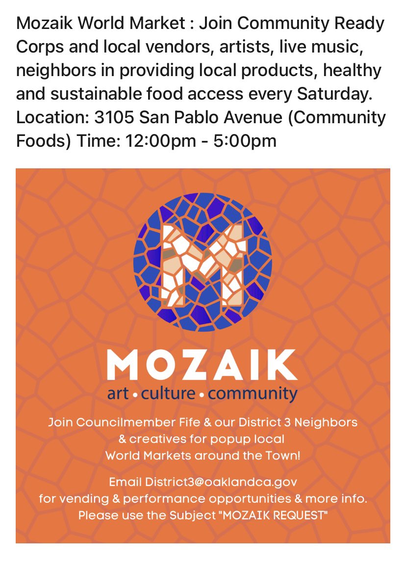 Join Community Ready Corps and local vendors, artists, live music and neighbors in providing local products, healthy and sustainable food access every Saturday. 
Location:  3105 San Pablo Avenue (Community Foods)
Time:  12-5pm